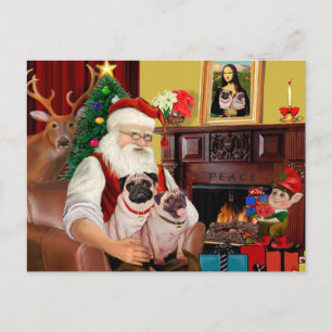 Santa At Home - Pugs (two) Holiday Postcard