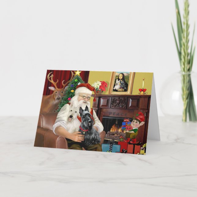Santa At Home - Scottish Terriers (two) - Santa Holiday Card (Front)