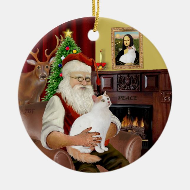Santa at Home - Turkish Van Cat Ceramic Tree Decoration (Front)