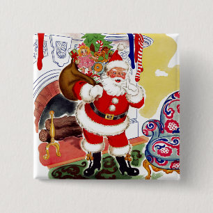 Santa at the Fireplace Bringing Toys 15 Cm Square Badge