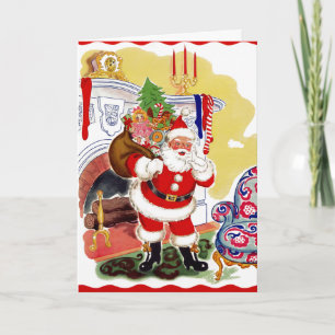 Santa at the Fireplace Bringing Toys Holiday Card