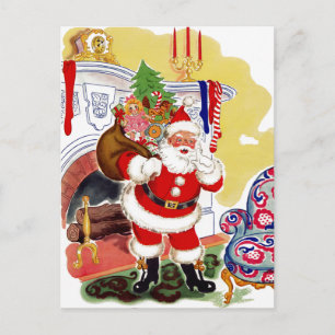 Santa at the Fireplace Bringing Toys Holiday Postcard