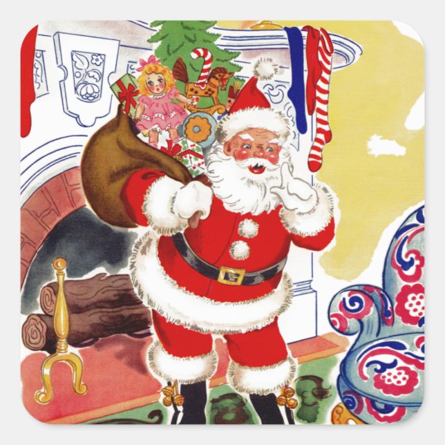 Santa at the Fireplace Bringing Toys Square Sticker (Front)