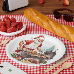 Santa at the Grill at Christmas Paper Plate