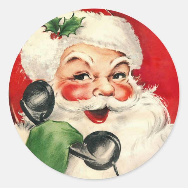 Santa at the Phone Classic Round Sticker (Front)