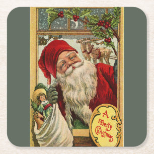 Santa at the Window with Bag of Toys Square Paper Coaster