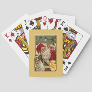 Santa at the Window with Toy Bag Gold Playing Cards