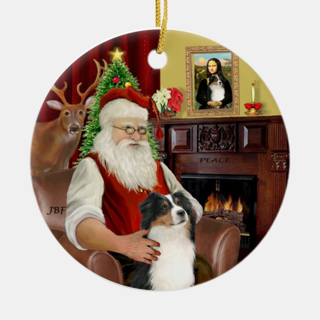 Santa-Aussie Shepherd (Tri 2) Ceramic Tree Decoration (Front)