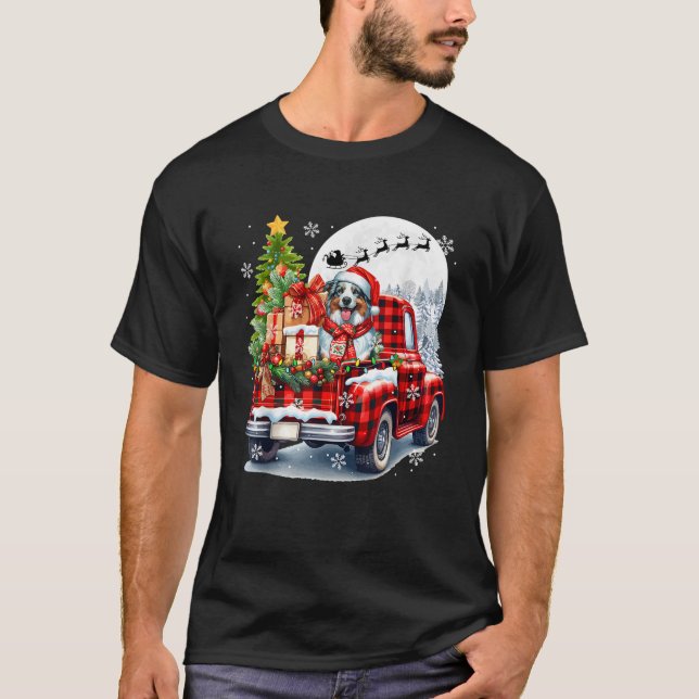Santa Australian Shepherd On Pickup Truck Christma T-Shirt (Front)