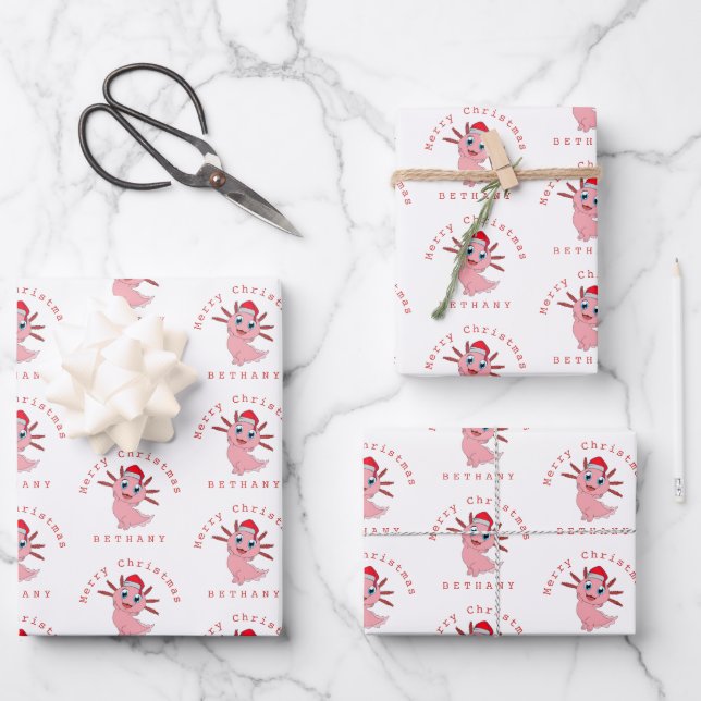 Santa Axolotl Cute Pattern Name Merry Christmas  Wrapping Paper Sheet (Front)