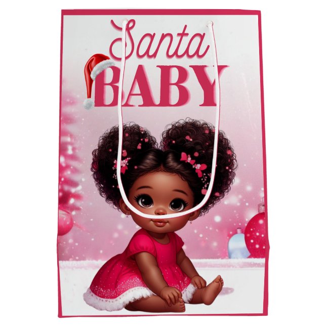 Santa Baby Afro Puff Infant Girl Christmas Medium Gift Bag (Back)