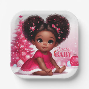 Santa Baby Afro Puff Infant Girl Christmas Paper Plate
