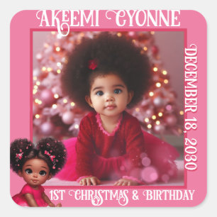 Santa Baby Afro Puff Infant Girl Christmas Photo Square Sticker