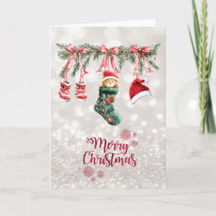 Santa Baby Bear Christmas Clothesline Bokeh Holiday Card