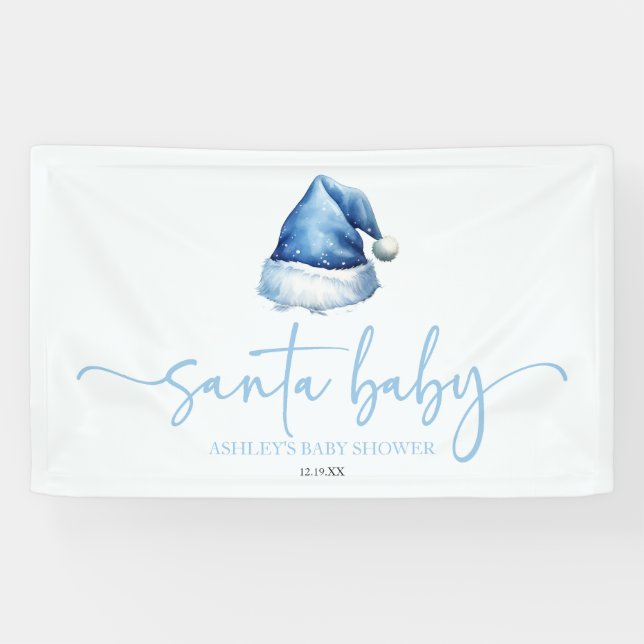 Santa Baby Blue Hat Christmas Holiday Baby Shower Banner (Horizontal)