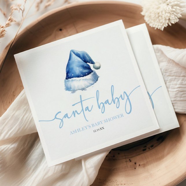 Santa Baby Blue Hat Christmas Holiday Baby Shower Napkin (Creator Uploaded)