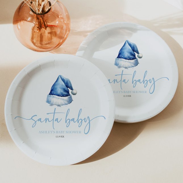 Santa Baby Blue Hat Christmas Holiday Baby Shower Paper Plate (Creator Uploaded)
