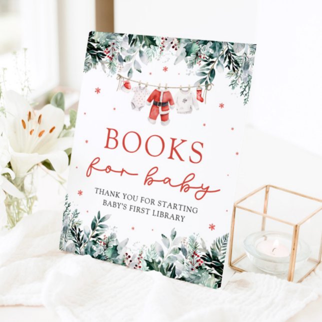 Santa Baby Christmas Baby Shower Books for Baby Pedestal Sign (Watercolor Red Santa Gender Neutral Books for Baby Baby Shower Sign)