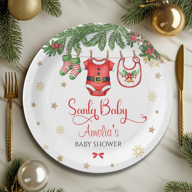 Santa Baby Christmas Baby Shower Festive Holiday Paper Plate (Creator Uploaded)