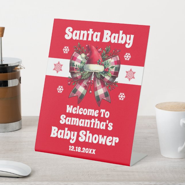Santa Baby Christmas Bow Baby Shower Welcome Pedestal Sign (In SItu)