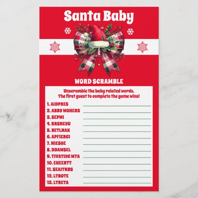 Santa Baby Christmas Bow Baby Shower Word Game (Front)