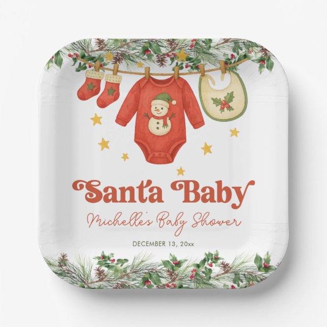 Santa Baby Christmas Clothesline Baby Shower Paper Plate (Front)