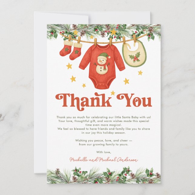 Santa Baby Christmas Clothesline Baby Shower  Thank You Card (Front)