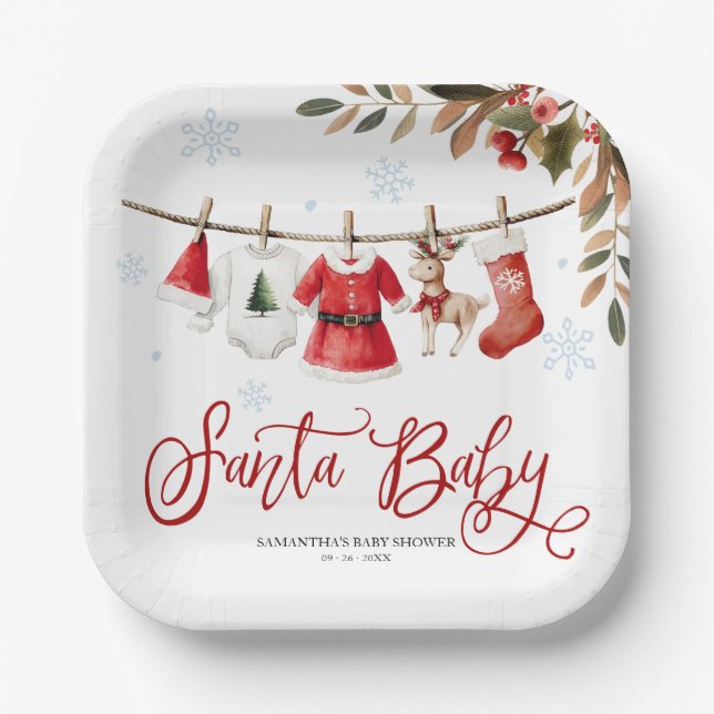 Santa Baby Christmas Girl Baby Shower Paper Plate (Front)