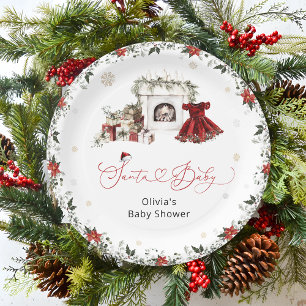 Santa Baby Christmas Girl Baby Shower  Paper Plate