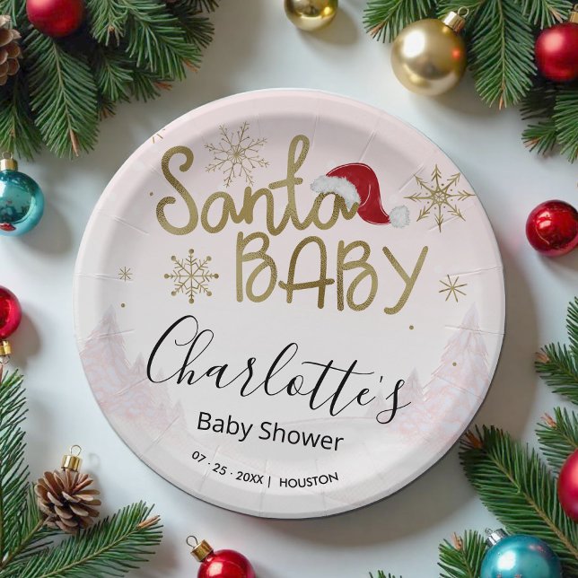 Santa Baby Christmas Girl Baby Shower Paper Plate (Creator Uploaded)