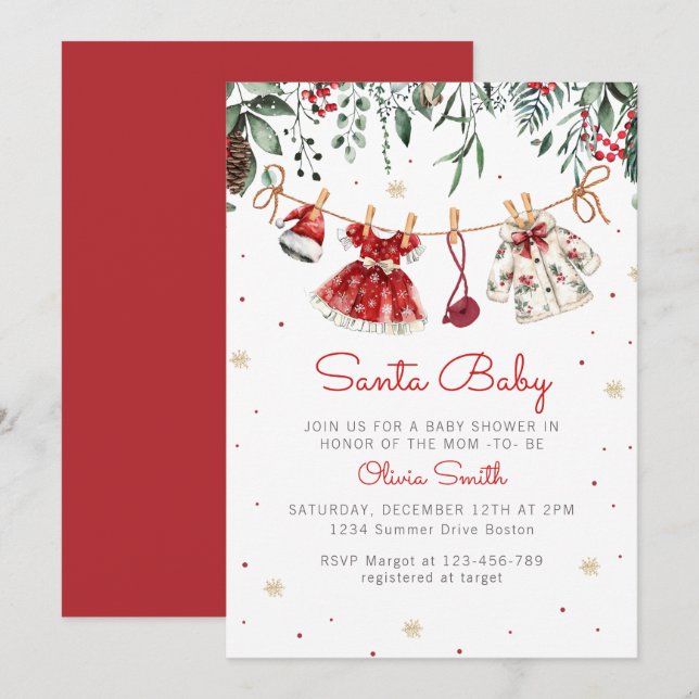 Santa Baby Christmas Girl Clothes Baby Shower Invitation (Front/Back)