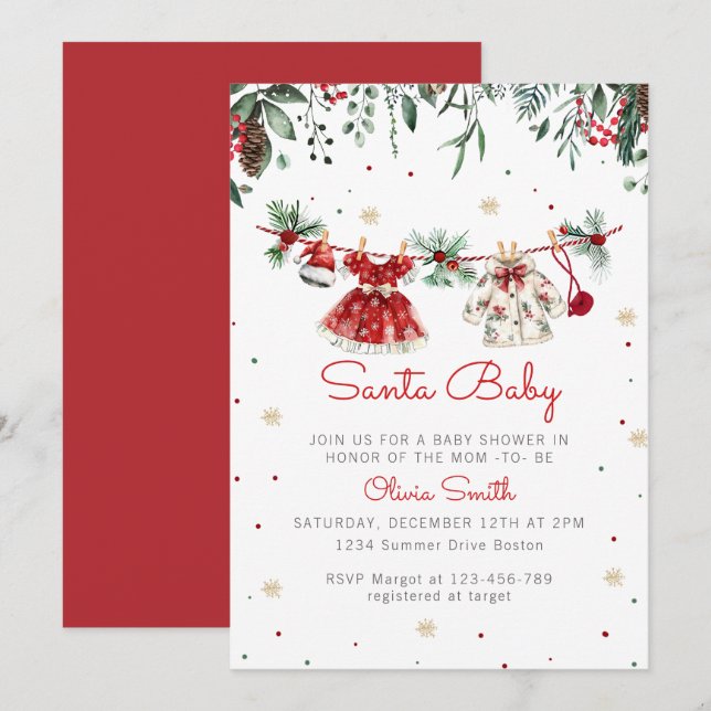 Santa Baby Christmas Girl Clothes Baby Shower Invitation (Front/Back)