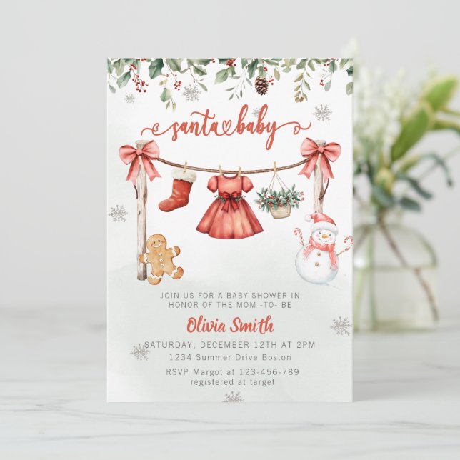 Santa Baby Christmas Girl Clothes Baby Shower Invitation (Standing Front)