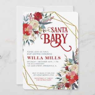 Santa Baby Christmas Red Greenery Gold Baby Shower Invitation