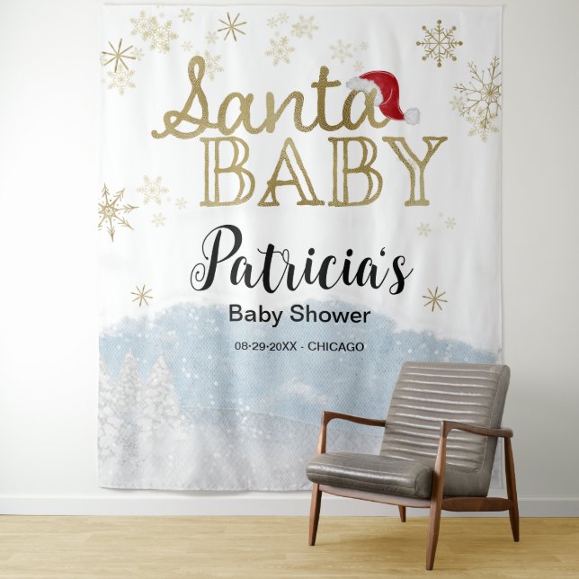 Santa Baby Christmas Winter Baby Shower Backdrop Tapestry (In Situ)