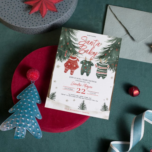 Santa Baby Clothes LinePine Trees Baby Shower Invitation (Creator Uploaded)