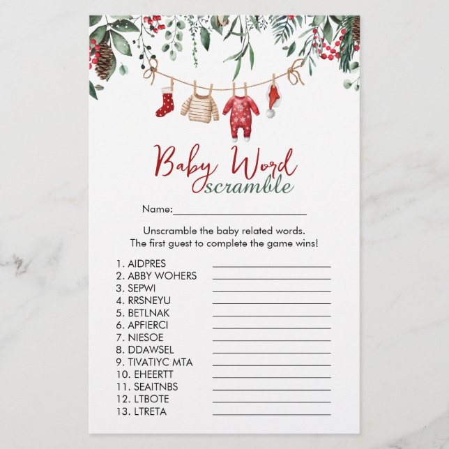 Santa baby Clothes Word Scramble Game Baby Shower (Front)