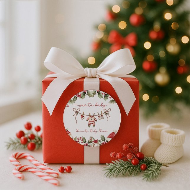 Santa Baby Clothesline Christmas Baby Shower Classic Round Sticker (Creator Uploaded)
