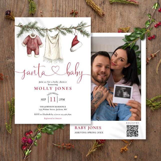 Santa Baby Clothesline Photo QR Code Baby Shower Invitation (Santa Baby Clothesline Photo QR Code Baby Shower Invitation)
