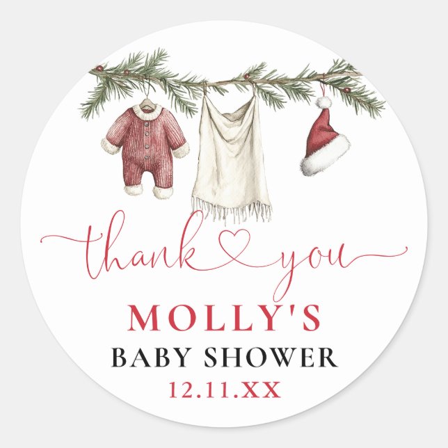Santa Baby Clothesline Winter Baby Shower Favour Classic Round Sticker (Front)