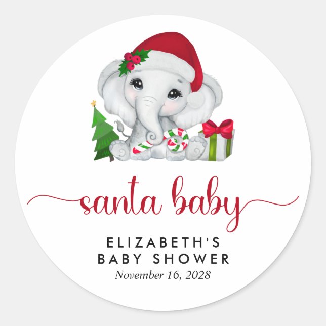 Santa Baby Elephant Christmas Baby Girl Shower Classic Round Sticker (Front)
