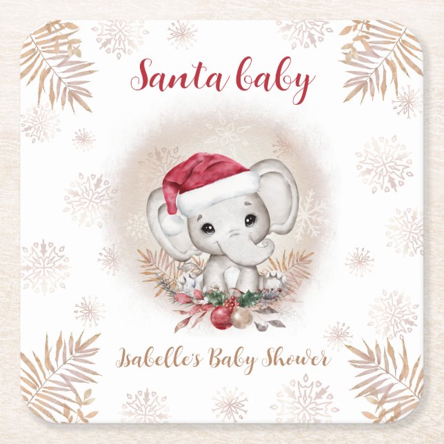 Santa Baby Elephant Christmas Baby Shower Square Paper Coaster (Front)