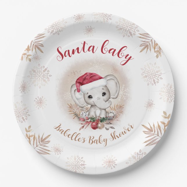 Santa Baby Elephant Christmas Boy Baby Shower Paper Plate (Front)