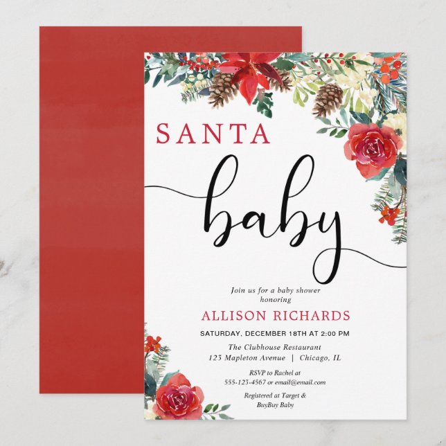 Santa baby floral Christmas greenery baby shower Invitation (Front/Back)