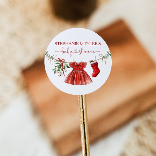 Santa Baby Girl Winter Christmas Baby Shower Classic Round Sticker (Creator Uploaded)