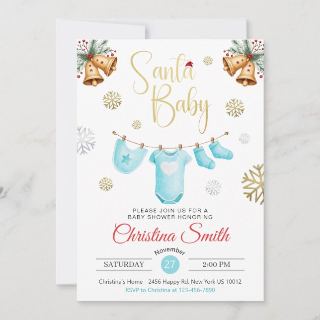Santa Baby Gold Snowflakes Winter Baby Boy Shower Invitation (Front)
