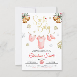 Santa Baby Gold Snowflakes Winter Baby Girl Shower Invitation