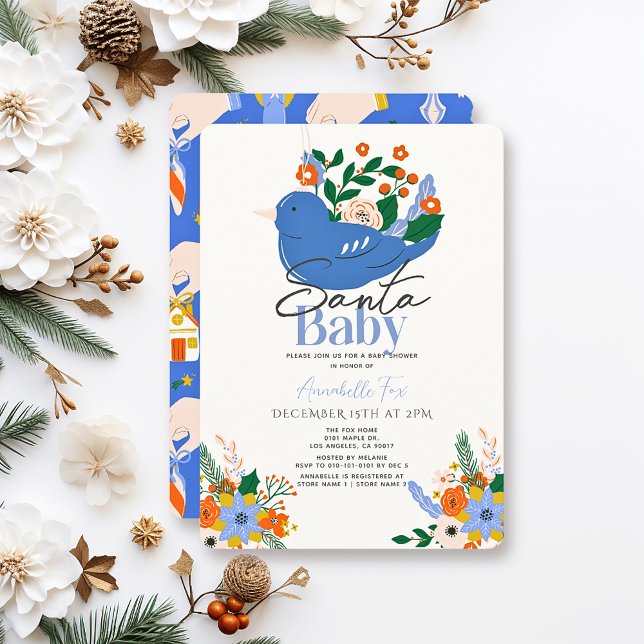 Santa Baby Holiday Blue Bird Boy Baby Shower Invitation (Creator Uploaded)