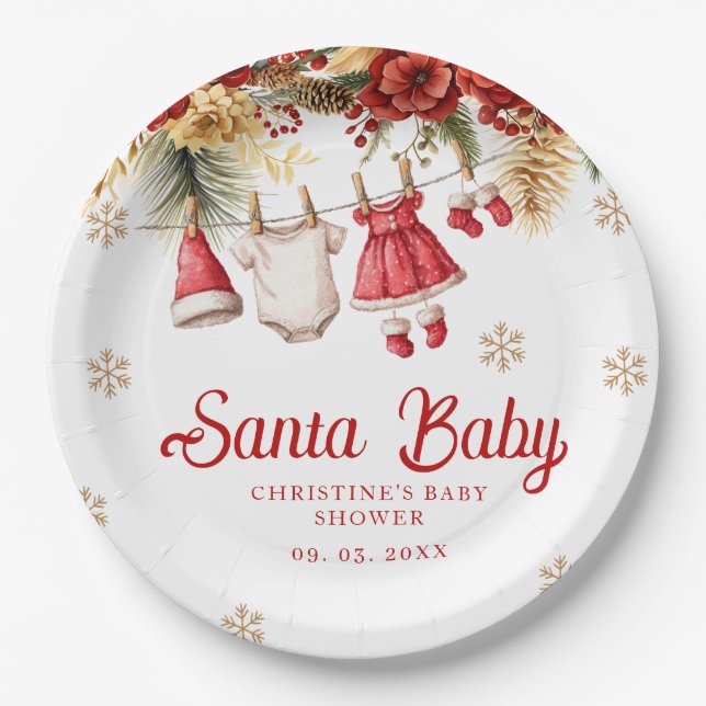 Santa Baby Holiday Winter Christmas Baby Shower Paper Plate (Front)