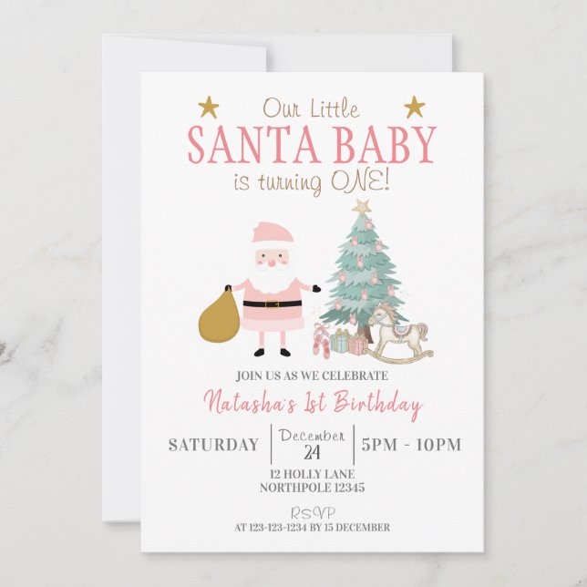 Santa Baby is Turning ONE, Girl Christmas Birthday Invitation (Front)